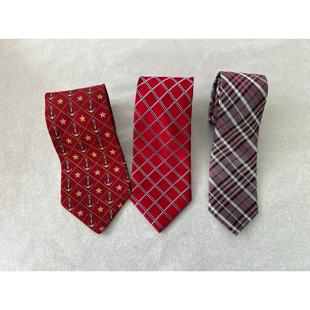 Lot of 3 Tommy Hilfiger Men's Silk Neckties Vintage Nautical & Classic Plaid Red